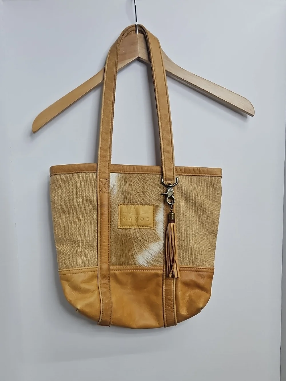 Canoe Handmade Tan Leather Hair Burlap Tote Shoulder Bag 13